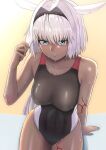  1girl animal_ears black_swimsuit body_markings caenis_(fate) collarbone commentary_request competition_swimsuit dark-skinned_female dark_skin fate/grand_order fate_(series) hair_intakes higofushi one-piece_swimsuit rabbit_ears short_hair sitting solo swimsuit white_hair white_nails 