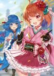  2girls absurdres ahoge bangs behind_back black_gloves blue_eyes blue_hair blurry blurry_background blush bow breasts choker dress eyebrows_visible_through_hair flower food frilled_skirt frills gloves green_bow hair_flower hair_ornament highres holding holding_food japanese_clothes kimono long_hair long_sleeves looking_at_another multiple_girls one_eye_closed open_mouth orange_hair pointing red_bow red_choker red_eyes red_flower red_ribbon rei_(kinokotype) ribbon setsuna_(shironeko_project) shironeko_project short_hair skirt small_breasts towa_(shironeko_project) upper_teeth white_flower wide_sleeves 