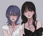  2girls black_camisole black_hair blue_hair camisole earrings grey_background hand_up highres jewelry long_hair medium_hair mole mole_under_eye mole_under_mouth multiple_girls original parted_lips red_nails shirt short_sleeves simple_background smoke tami_moon upper_body white_shirt 