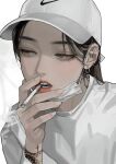  1girl arm_tattoo baseball_cap black_hair brown_eyes cigarette ear_piercing eriol_s2 face hair_behind_ear hat lips long_hair long_sleeves looking_to_the_side mask mouth_mask nike original piercing portrait shirt simple_background smoking solo tattoo teeth white_background 