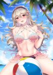  1girl :d arms_behind_back ball banglinh1997 bangs bare_arms bare_shoulders beach beachball beads blue_sky blush breasts breasts_apart clouds collarbone corrin_(fire_emblem) corrin_(fire_emblem)_(female) eyebrows_visible_through_hair fire_emblem fire_emblem_fates frills from_below groin hair_between_eyes hairband halterneck highres light_brown_hair light_particles long_hair looking_at_viewer medium_breasts navel ocean open_mouth outdoors palm_tree pointy_ears red_eyes shell shell_bikini sitting sky smile sunlight tree under_boob upper_teeth wariza water 
