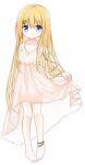  1girl anklet bangs bare_arms bare_shoulders barefoot blonde_hair blue_eyes blush closed_mouth collarbone commentary_request dress eyebrows_visible_through_hair flower_girl_(yuuhagi_(amaretto-no-natsu)) full_body hair_between_eyes hair_ornament hairclip jewelry long_hair looking_at_viewer original pigeon-toed see-through simple_background skirt_hold sleeveless sleeveless_dress smile solo standing very_long_hair white_background white_dress x_hair_ornament yuuhagi_(amaretto-no-natsu) 