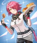  1girl :q apple_pie arknights bangs belt black_belt black_gloves blue_background breasts brown_eyes commentary cowboy_shot exusiai_(arknights) fingerless_gloves food food_on_face fork gloves hair_over_one_eye halo hands_up high_collar holding holding_food holding_fork id_card jacket looking_at_viewer medium_breasts memetaroh pie pouch raglan_sleeves redhead short_hair short_sleeves signature solo standing tongue tongue_out white_jacket wings 