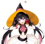  1girl absurdres apple arms_up bangs bare_shoulders black_gloves black_hair black_headwear blush character_request copyright_request eyebrows_visible_through_hair floating_hair food fruit gloves hair_between_eyes halloween hat highres holding holding_food holding_fruit long_hair looking_at_viewer midriff navel open_mouth orange_headwear rei_(kinokotype) simple_background skirt solo stomach twintails upper_teeth violet_eyes virtual_youtuber white_background white_skirt witch witch_hat 