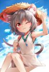  1girl alternate_costume animal_ear_fluff animal_ears bag bangs blue_sky blush clouds commentary_request day dress feet_out_of_frame grey_hair handbag hat highres jewelry kibayashi_kimori looking_to_the_side mouse_ears mouse_girl mouse_tail nazrin one_eye_closed open_mouth outdoors pendant red_eyes short_hair sitting sky sleeveless sleeveless_dress solo straw_hat tail touhou white_dress 