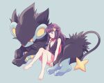  1girl bangs bare_arms barefoot closed_mouth commentary_request hikari_(pokemon) eyelashes gen_4_pokemon grey_background hair_ornament hairclip highres knees_together_feet_apart komasawa_(fmn-ppp) long_hair luxray pink_scarf pokemon pokemon_(creature) pokemon_(game) pokemon_dppt scarf sidelocks simple_background sitting smile toes 