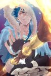  1boy angry blue_hair capelet closed_mouth cu_chulainn_(fate)_(all) cu_chulainn_(fate/grand_order) earrings fangs fate/stay_night fate_(series) fire fur-trimmed_hood fur_trim highres holding holding_staff hood hood_up hooded_capelet jewelry long_hair looking_at_viewer male_focus outstretched_hand red_eyes solo spiky_hair staff type-moon vambraces wooden_staff zunda_(stnt_ubw) 