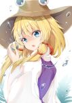  1girl blonde_hair blue_eyes bright_pupils brown_headwear commentary_request eyebrows_visible_through_hair from_side furrowed_eyebrows hair_ribbon hat head_tilt holding_water long_sleeves looking_at_viewer looking_back moriya_suwako parted_lips partial_commentary purple_vest ribbon rururiaru shaded_face shirt short_hair sidelocks simple_background solo touhou v-shaped_eyebrows vest water_drop white_background white_shirt wide_sleeves 