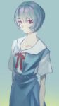  1girl absurdres aqua_background ayanami_rei blue_hair cowboy_shot expressionless eyebrows_visible_through_hair gradient gradient_background green_background highres looking_at_viewer mu_mashu neon_genesis_evangelion red_eyes school_uniform short_hair short_sleeves solo 