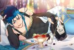  1boy alcohol bed blue_hair bracelet covered_navel cu_chulainn_(fate)_(all) cu_chulainn_(fate/grand_order) dated earrings elbow_gloves fang fate/grand_order fate_(series) fingerless_gloves food fruit fruit_cup gem gloves gold grapes head_rest highres holy_grail_(fate) jewelry licking_lips long_hair lying male_focus muscular necklace on_side open_mouth pectorals pillow red_eyes skin_tight solo spiky_hair tank_top tongue tongue_out zunda_(stnt_ubw) 
