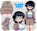  1girl :o ass black_hair blue_eyes blush_stickers breasts bright_pupils character_name clark_kent dc_comics formal from_side genderswap genderswap_(mtf) glasses highres jacket large_breasts multiple_views rariatto_(ganguri) shirt short_hair skirt skirt_suit standing suit white_pupils white_shirt 