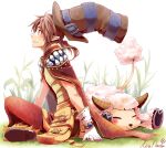  1boy :3 amistr_(ragnarok_online) armor bangs blush breastplate brown_cape brown_hair brown_headwear brown_pants cape closed_mouth commentary_request creator_(ragnarok_online) full_body fur-trimmed_pants gloves grass hat hat_belt kiri_nada living_clothes looking_to_the_side medium_hair pants pointy_ears ponytail pouch ragnarok_online red_eyes sheep shoes short_ponytail signature sitting smile teeth top_hat white_background white_gloves 