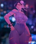  1girl alternate_costume artist_name arttoru black_hair blurry blurry_background bokeh bracelet breasts bun_cover chun-li covered_nipples cowboy_shot depth_of_field glasses grey_shirt hand_on_hip jewelry large_breasts open_mouth ribbon shirt shirt_tucked_in smile solo spiked_bracelet spikes strap_slip street_fighter tied_shirt white_ribbon 