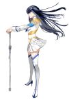  1girl absurdres black_hair blue_eyes boots closed_mouth hand_on_hilt hand_on_weapon high_heel_boots high_heels highres junketsu kill_la_kill kiryuuin_satsuki long_hair scabbard sheath sheathed simple_background skirt solo standing sword thigh-highs thigh_boots uniform unye_00 weapon white_background white_footwear white_skirt wind 