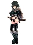  1girl arm_guards bangs black_hair black_legwear boots cape crop_top crossed_arms full_body fundoshi fur_trim japanese_clothes kouno_hikaru looking_at_viewer navel ninja original red_eyes short_hair solo thigh-highs white_background 