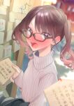  1girl absurdres blurry blush brown_hair commentary ema face glasses highres open_mouth original pink_eyes pov rinku_(rin9) sweater translated turtleneck turtleneck_sweater twintails upper_body 