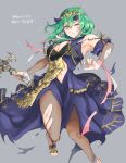  1girl breasts byleth_(fire_emblem) byleth_eisner_(female) closed_mouth dress fire_emblem fire_emblem:_three_houses green_eyes green_hair hair_ornament highres holding holding_sword holding_weapon looking_at_viewer navel one_eye_closed pantyhose purple_dress ribbon robaco sleeveless sword torn_clothes torn_dress torn_legwear torn_ribbon weapon wrist_ribbon 