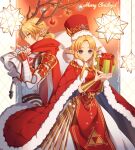  2girls antlers bangs bitikara blonde_hair blue_eyes box cape christmas christmas_ornaments cowboy_shot dress fur_trim gift gift_box hands_up long_hair multiple_girls parted_bangs pointy_ears princess_zelda red_cape red_headwear red_tabard sheik small_stellated_dodecahedron super_smash_bros. white_dress 
