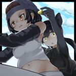  2girls animal_ears bare_shoulders beanie behind_another black_hair black_leopard_(kemono_friends) border bow bowtie brown_eyes camisole cat_girl crop_top day detached_sleeves earplugs elbow_gloves from_below gloves gorilla_(kemono_friends) hair_between_eyes hat highres holding iwa_(iwafish) kemono_friends leopard_ears leopard_girl long_hair looking_afar looking_at_viewer medium_hair midriff multiple_girls navel open_mouth outdoors outstretched_arm pants shirt short_sleeves sidelocks stomach triangle_mouth yellow_eyes 