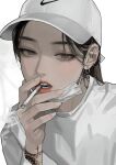  1girl arm_tattoo baseball_cap black_hair brown_eyes cigarette ear_piercing eriol_s2 face hair_behind_ear hat lips long_hair long_sleeves looking_at_viewer mask mouth_mask nike original piercing portrait shirt simple_background smoking solo tattoo teeth white_background 