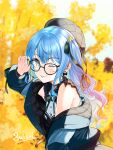  absurdres bangs blue_eyes blue_hair blush character_name earrings eyelashes glasses hair_ribbon hat highres hololive hoshimachi_suisei jewelry looking_at_viewer nonbire one_eye_closed one_side_up ribbon tongue tongue_out tree virtual_youtuber 