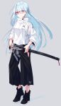  1girl bangs black_footwear black_pants glasses grey_background hand_on_weapon high_collar highres hip_vent holding holding_sword holding_weapon jacket japanese_clothes katana light_blue_hair long_hair looking_at_viewer multicolored multicolored_eyes nagishiro_mito original pants standing sword weapon white_jacket 