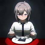  1girl ahoge bangs black_neckwear chromatic_aberration collared_shirt expressionless floppy_disk fork girls_frontline grey_hair hair_between_eyes highres holding holding_fork holding_knife knife kuro_kosyou long_sleeves m200_(girls_frontline) necktie plate shirt short_hair simple_background solo spotlight table violet_eyes white_shirt 