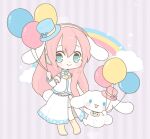  1girl alternate_color aqua_eyes armband balloon beamed_eighth_notes blush_stickers boots chibi clouds commentary eighth_note gold_footwear hat headphones holding holding_balloon knee_boots long_hair looking_at_viewer megurine_luka mini_hat mini_top_hat musical_note najo pastel_colors pink_hair rabbit rainbow shirt short_sleeves side_slit single_arm_warmer skirt smile star_(sky) striped striped_background thigh-highs top_hat vocaloid white_legwear white_shirt white_skirt 