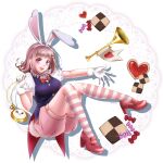  1girl absurdres alternate_costume animal_ears bangs bow bowtie breasts brown_shorts candy candy_wrapper commentary_request cookie dangan_ronpa_(series) dangan_ronpa_2:_goodbye_despair fake_animal_ears food gloves hair_ornament highres instrument kneehighs looking_at_viewer medium_hair nanami_chiaki pink_eyes pocket_watch puffy_short_sleeves puffy_sleeves rabbit_ears red_bow red_footwear shirt short_sleeves shorts smile solo tonari_no_koneko trumpet watch white_gloves white_shirt 