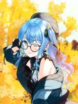  absurdres bangs blue_eyes blue_hair blush character_name earrings eyelashes fingerless_gloves glasses gloves hair_ribbon hat highres hololive hoshimachi_suisei jewelry looking_at_viewer nonbire one_eye_closed one_side_up partially_fingerless_gloves ribbon tongue tongue_out tree virtual_youtuber 