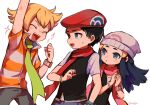 1girl 2boys arm_up artist_name bangs barry_(pokemon) beanie black_hair blonde_hair blush clenched_hand closed_eyes commentary_request hikari_(pokemon) eyelashes floating_hair green_scarf grey_eyes grey_headwear hair_ornament hairclip hands_together hands_up hat highres lucas_(pokemon) multiple_boys open_mouth pants pink_scarf pokemon pokemon_(game) pokemon_dppt red_headwear red_scarf scarf shirt short_sleeves sidelocks sparkle striped striped_shirt teeth tongue yonaga_story 
