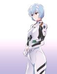  1girl ayanami_rei bangs blue_hair bodysuit closed_mouth commentary cowboy_shot gradient gradient_background grey_background highres interface_headset ishiyumi light_frown looking_to_the_side neon_genesis_evangelion plugsuit red_eyes short_hair solo standing white_bodysuit 