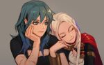  2girls blush byleth_(fire_emblem) byleth_eisner_(female) cape cravat edelgard_von_hresvelg fire_emblem fire_emblem:_three_houses garreg_mach_monastery_uniform gloves h_nut hair_ribbon hug legwear_under_shorts long_hair multiple_girls navel pantyhose ribbon shorts smile uniform yuri 