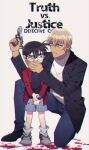  2boys amuro_tooru bangs black-framed_eyewear black_footwear black_jacket black_shirt blonde_hair blood blood_splatter blue_eyes blue_pants brown_hair buttons cardigan child closed_mouth commentary_request copyright_name covering_mouth edogawa_conan english_text full_body glasses grey_shorts gun hair_between_eyes hand_over_another&#039;s_mouth hand_up handgun holding holding_gun holding_weapon jacket k_(gear_labo) long_sleeves looking_at_another looking_to_the_side male_focus meitantei_conan multiple_boys one_knee open_clothes open_jacket open_shirt pants red_shirt serious shirt shoes short_hair shorts simple_background sneakers socks splatter standing watch watch weapon white_background white_cardigan white_legwear 