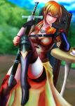  1girl absurdres black_gloves blurry blurry_background boots breasts cup day feet_out_of_frame fire_emblem fire_emblem:_three_houses gloves highres holding holding_sword holding_weapon jack_(kairuhaido) leonie_pinelli medium_breasts orange_hair outdoors short_hair shorts smile solo sword teacup thigh-highs thigh_boots tsurime weapon 