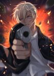  1boy absurdres aiming aiming_at_viewer amuro_tooru bangs black_jacket blonde_hair blue_eyes blurry cardigan chitose_(chitose_70207) clenched_teeth commentary_request copyright_name debris depth_of_field english_text gradient gradient_background gun hair_between_eyes handgun highres holding holding_gun holding_weapon jacket male_focus meitantei_conan one_eye_closed open_clothes open_jacket short_hair solo teeth upper_body weapon white_cardigan 