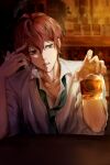  1boy absurdres alcohol aqua_eyes aqua_hair blurry blurry_background brown_hair damiqvq eyes facing_viewer hair_between_eyes highres hypnosis_mic ice indoors kannonzaka_doppo male_focus mouth_hold multicolored_hair necktie shelf shirt short_hair smoking solo streaked_hair two-tone_hair upper_body white_shirt 