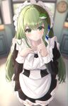  1girl :t alternate_costume apron black_dress black_legwear blurry blurry_background clock commentary dress enmaided eyebrows_visible_through_hair finger_to_cheek frog_hair_ornament from_above green_eyes green_hair hair_between_eyes hair_ornament hair_tubes hand_on_own_chest highres indoors kochiya_sanae kure:kuroha light_blush long_hair looking_at_viewer maid maid_apron maid_headdress petticoat pout snake_hair_ornament solo thigh-highs touhou very_long_hair zettai_ryouiki 