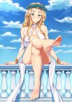  1girl bare_legs bare_shoulders barefoot blonde_hair breasts celestine_lucullus covering_nipples dress elf feet feet_up green_eyes head_wreath highres jewelry kuroinu_~kedakaki_seijo_wa_hakudaku_ni_somaru~ long_hair looking_at_viewer olive_wreath pointy_ears revealing_clothes ruby_suguri sitting sleeveless sleeveless_dress smile soles white_dress 