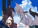  2girls animal_ear_fluff animal_ears aoman_de_cangshu bangs bare_shoulders blush braid breasts closed_eyes clouds detached_sleeves eyebrows_visible_through_hair facing_another fox_ears fox_girl fox_tail hair_between_eyes hair_ornament highres holding holding_hands hololive long_hair multiple_girls ookami_mio parted_lips pentagram ponytail profile shirakami_fubuki sky small_breasts tail tail_raised virtual_youtuber white_hair 