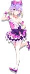  1girl bare_shoulders double_bun dress grin hair_ribbon highres jewelry lapis_re:lights looking_at_viewer lucifer_(lapis_re:lights) necklace official_art pink_dress pink_footwear pink_ribbon purple_hair ribbon short_hair sleeveless smile standing standing_on_one_leg thigh_strap transparent_background violet_eyes wristband 