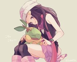  1girl beanie blush boots brown_hair brown_legwear commentary_request hikari_(pokemon) gen_4_pokemon grey_headwear hair_ornament hairclip hat head_down highres holding holding_pokemon knees_together komasawa_(fmn-ppp) long_hair open_mouth over-kneehighs pink_footwear pokemon pokemon_(creature) pokemon_(game) pokemon_dppt scarf sidelocks smile starter_pokemon thigh-highs turtwig 