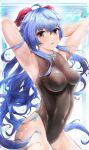 1girl ahoge armpits arms_behind_head arms_up bangs black_swimsuit blue_hair breasts chinese_commentary covered_navel eyebrows_visible_through_hair ganyu_(genshin_impact) genshin_impact goat_horns highres horns long_hair looking_at_viewer medium_breasts one-piece_swimsuit parted_lips solo swimsuit violet_eyes wangzili_shitoumen 