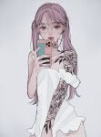 1girl earrings glasses grey_background highres holding holding_phone jewelry long_hair mole mole_under_eye original phone pink_hair pink_nails shirt simple_background single_bare_shoulder solo strap_slip tami_moon tattoo twintails white_shirt 