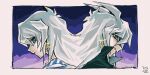  2boys apollo_hotori back-to-back bakura_ryou dark_persona dated earrings evil_grin evil_smile glint grin jewelry long_hair looking_at_another male_focus multiple_boys parted_lips signature smile violet_eyes white_hair yami_bakura yu-gi-oh! 