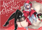 1girl ass bare_shoulders black_gloves black_legwear black_thigh_boots boots breasts choker christmas_ornaments christmas_present detached_sleeves eyebrows_visible_through_hair fate/grand_order fate/grand_order_arcade fate_(series) female_ass gift gloves gorgenzolla hair_between_eyes high_heels highres hood long_hair merlin_(fate/prototype) messy_hair mistletoe red_background sack silver_hair skirt snowflakes thigh-highs thigh_boots thighs twitter_username violet_eyes
