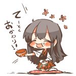  1girl akagi_(kantai_collection) blush bowl chibi chopsticks closed_eyes commentary_request flower food food_on_face kantai_collection long_hair lowres open_mouth pillow rebecca_(keinelove) rice_bowl smile solo translated 