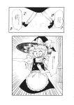 1girl apron bow braid buttons dress frilled_bow frilled_hat frills greyscale hair_bow hat hat_bow highres kirisame_marisa komaku_juushoku long_hair mary_janes monochrome puffy_short_sleeves puffy_sleeves shoes short_sleeves socks touhou translation_request waist_apron witch_hat 