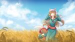  1girl absurdres animal_ears bird blue_dress blue_sky blush brown_hair closed_eyes clouds day dress facing_viewer field hands_up head_wreath highres holo kim_levesque long_hair long_sleeves outdoors petals pouch sky smile solo spice_and_wolf standing tail wallpaper watermark wheat wolf_ears wolf_tail 