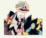  1girl arms_behind_back bag bare_arms beanie black_hair closed_mouth commentary_request hikari_(pokemon) gen_4_pokemon grey_headwear hair_ornament hairclip hat highres holding holding_bag komasawa_(fmn-ppp) long_hair long_scarf luxray pokemon pokemon_(creature) pokemon_(game) pokemon_dppt scarf shinx sparkle staraptor starly sweatdrop thought_bubble v-shaped_eyebrows 